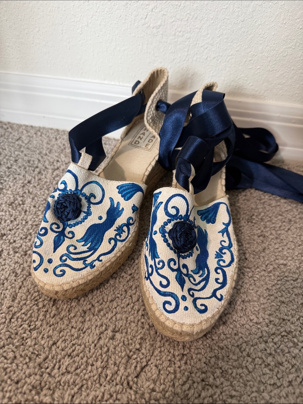 Embroidered Cream Espadrille Wedges with Navy Ribbon